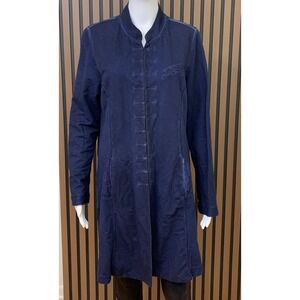 Soft Surroundings Navy Blue Cotton Mandarin Collar Hook Eye Jacket Large